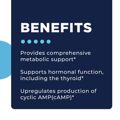 CellCore Biosciences Metabolic Activator 2 oz benefits list highlighting metabolic, hormonal, and cAMP support on navy background