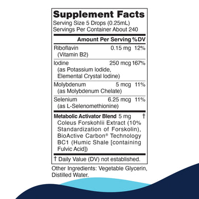 CellCore Biosciences Metabolic Activator 2 oz supplement facts label showing vitamin, mineral, and metabolic blend ingredients