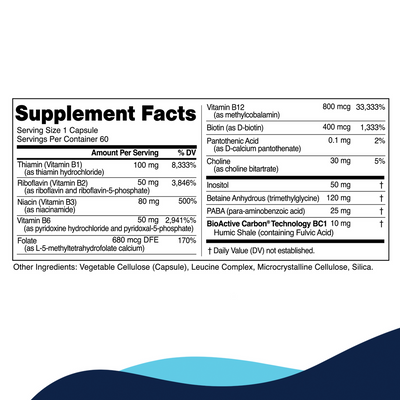 CellCore Biosciences Methyl-B Complex 60 capsules supplement facts label listing B vitamins, choline, inositol and other ingredients