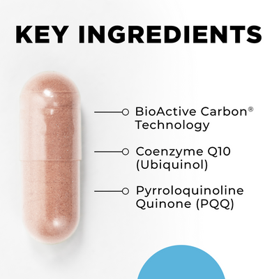 CellCore MitoActive 60 Capsules key ingredients callout with pink capsule and text listing BioActive Carbon, CoQ10, and PQQ
