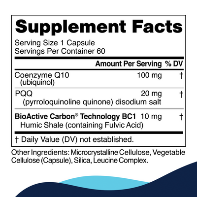CellCore Biosciences MitoActive 60 capsules supplement facts label showing CoQ10, PQQ, and BioActive Carbon BC1 amounts