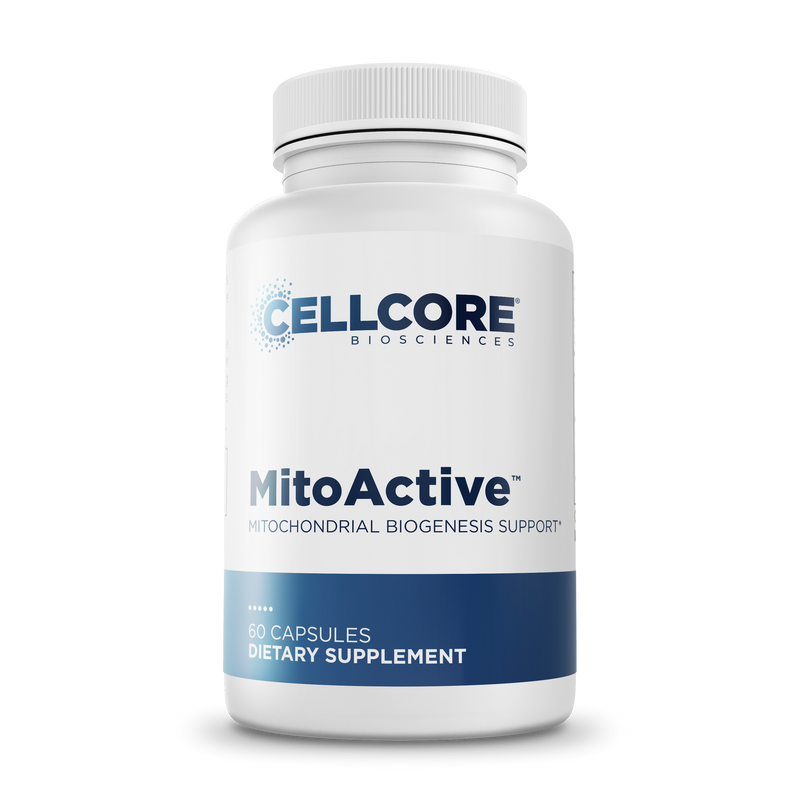CellCore Biosciences MitoActive 60 Capsules bottle front, white container with blue label and supplement details