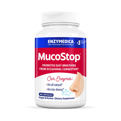 Enzyme Science MucoStop 48 Capsules bottle front, red and white label for occasional congestion relief dietary supplement
