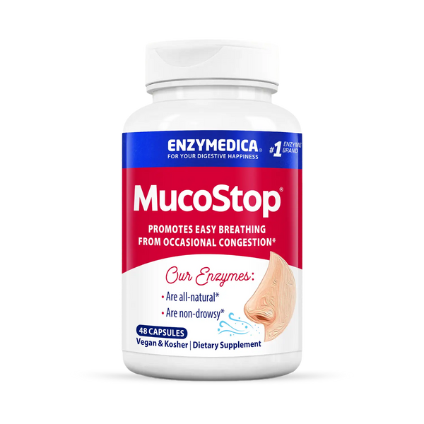 Enzyme Science MucoStop 48 Capsules bottle front, red and white label for occasional congestion relief dietary supplement