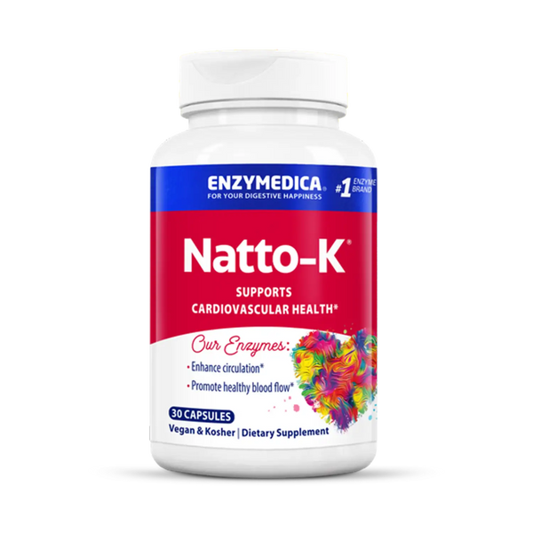 Enzymedica Natto-K 30 Capsules bottle front, red and white label with colorful heart graphic for cardiovascular support.