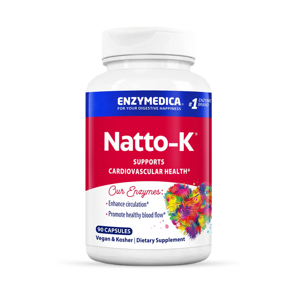 Enzymedica Natto-K 90 Capsules bottle front, red and blue label with heart graphic for cardiovascular health.