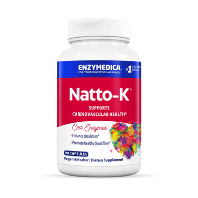 Enzymedica Natto-K 90 Capsules bottle front, red and blue label with heart graphic for cardiovascular health.