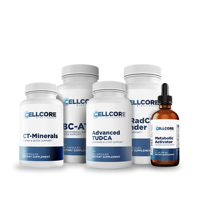 CellCore Biosciences Optimize A Bundle with white capsule bottles and brown Metabolic Activator dropper bottle front view