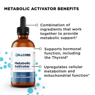 CellCore Biosciences Metabolic Activator 2 fl oz dropper bottle with label and listed metabolic and hormonal support benefits