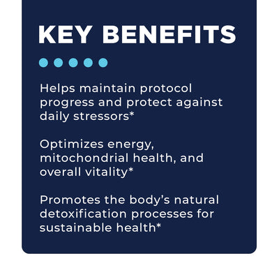 CellCore Biosciences Optimize A Bundle key benefits text on navy background highlighting energy, vitality, and detox support