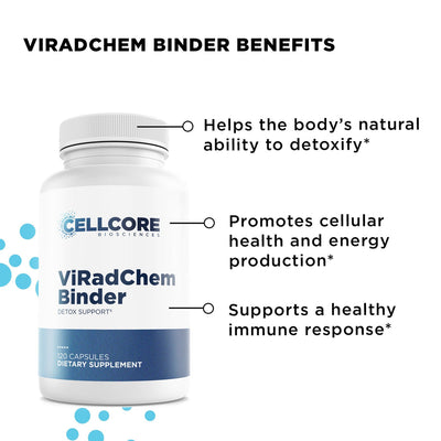 CellCore Biosciences ViRadChem Binder bottle front with blue label highlighting detox, cellular health, and immune support benefits