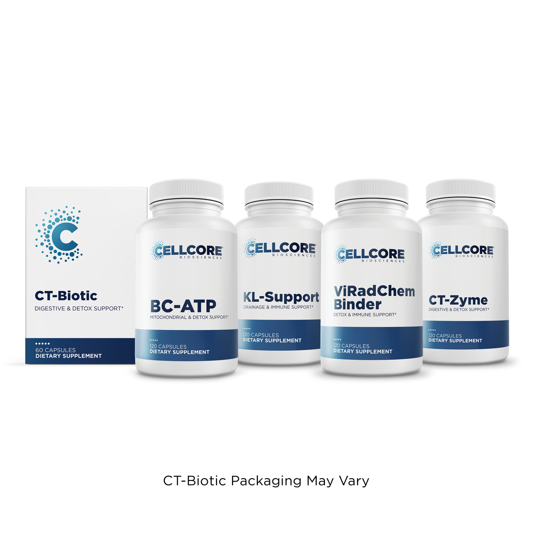 CellCore Biosciences Optimize B Bundle with CT-Biotic box and four white capsule bottles lined up front-facing