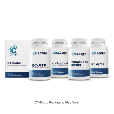 CellCore Biosciences Optimize B Bundle with CT-Biotic box and four white capsule bottles lined up front-facing