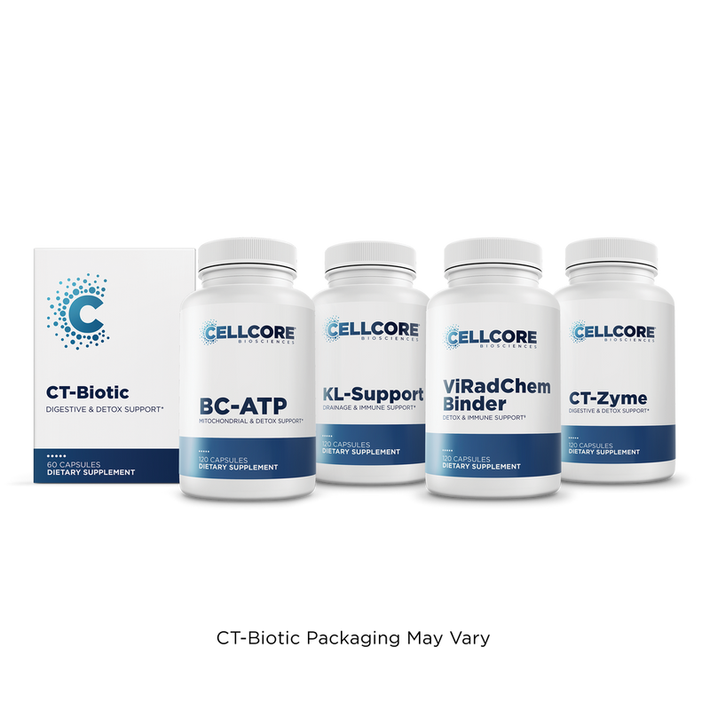 CellCore Biosciences Optimize B Bundle with CT-Biotic box and four white capsule bottles lined up front-facing