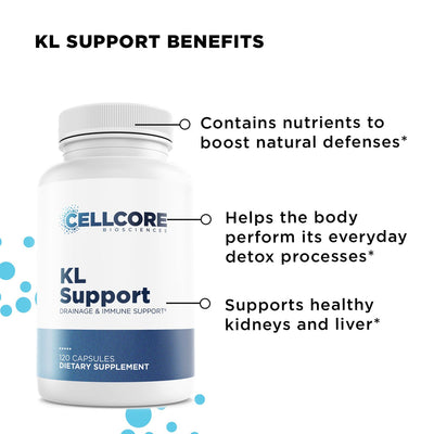 CellCore Biosciences KL Support bottle front showing 120-capsule detox supplement and listed immune, kidney, and liver benefits