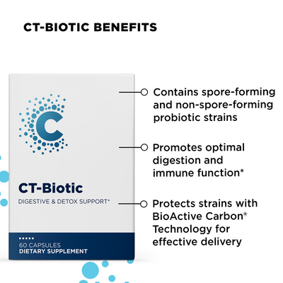 CellCore CT-Biotic bottle front highlighting digestive and detox support probiotic benefits and BioActive Carbon technology