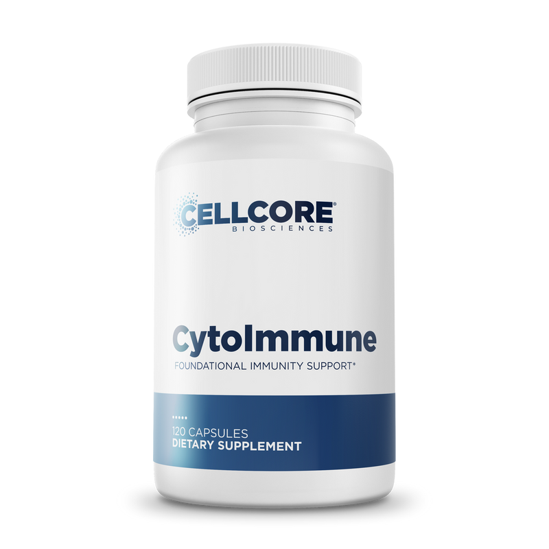 CellCore Biosciences CytoImmune 120 capsules bottle front, white container with blue label for foundational immunity support