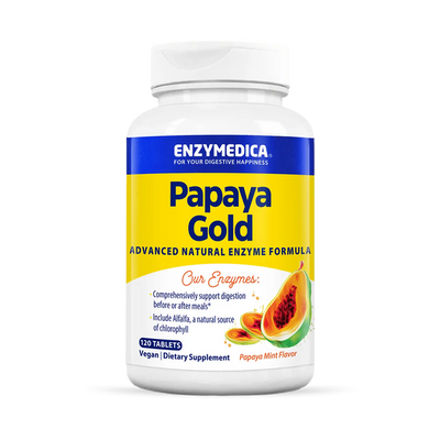 Enzyme Science Papaya Gold 120 Tablets bottle front, yellow and blue label with papaya image and vegan enzyme supplement details