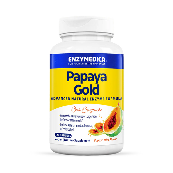Enzyme Science Papaya Gold 120 Tablets bottle front, yellow and blue label with papaya image and vegan enzyme supplement details