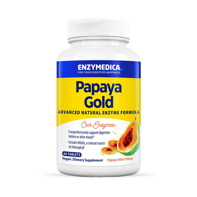 Enzyme Science Papaya Gold 60 Tablets bottle front, yellow and blue label with papaya image and vegan digestive enzyme details