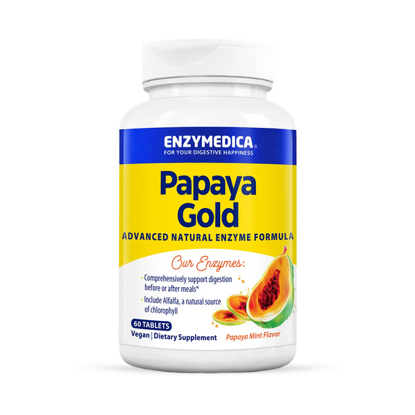 Enzyme Science Papaya Gold 60 Tablets bottle front, yellow and blue label with papaya image and vegan digestive enzyme details