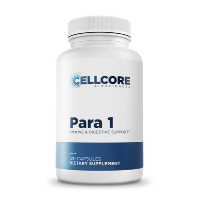 CellCore Biosciences Para 1 120 capsules bottle front label for immune and digestive support, white with blue accents