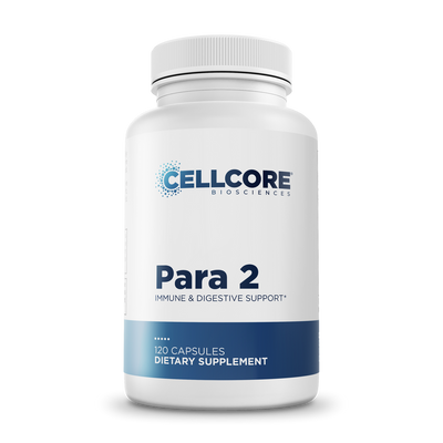 CellCore Biosciences Para 2 120 capsules bottle front, white container with blue label for immune and digestive support