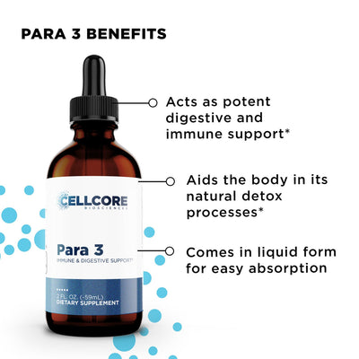CellCore Biosciences Para 3 liquid supplement bottle front with dropper, white and blue label and benefits text on the side