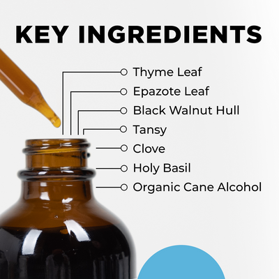 CellCore Biosciences Para 3 2 oz key ingredients list with dropper bottle showing thyme, epazote, black walnut, tansy, clove, holy basil