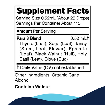CellCore Biosciences Para 3 2 oz supplement facts label listing herbal blend ingredients and walnut allergen warning