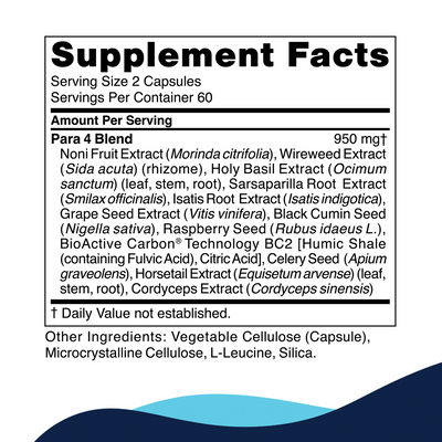 CellCore Biosciences Para 4 120 Capsules supplement facts label listing herbal blend ingredients and other capsule components