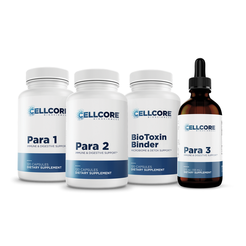CellCore Biosciences Para Kit with Para 1, Para 2, BioToxin Binder capsule bottles and Para 3 liquid dropper bottle front view