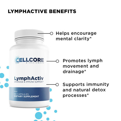 CellCore Biosciences LymphActiv bottle front showing 60 capsules label and listed lymphatic and immune support benefits