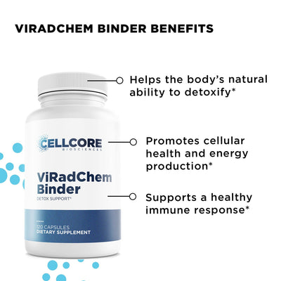 CellCore Biosciences ViRadChem Binder 120-capsule bottle front showing detox, cellular health, and immune support benefits