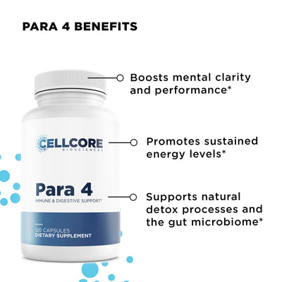 CellCore Biosciences Para 4 immune and digestive support bottle front with text highlighting mental clarity, energy, and detox benefits