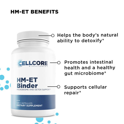 CellCore Biosciences HM-ET Binder bottle front, 120 capsules, white and blue detox supplement packaging with benefit callouts