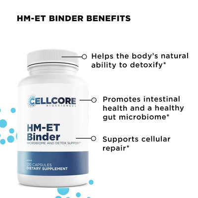 CellCore Biosciences HM-ET Binder bottle front showing 120-capsule label and key detox, gut health, and cellular repair benefits