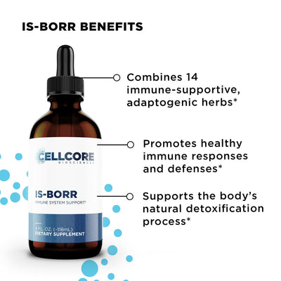 CellCore Biosciences IS-BORR Immune System Support 4 fl oz dropper bottle with white and blue label and benefits text