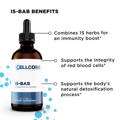 CellCore Biosciences IS-BAB Immune System Support 4 fl oz dropper bottle with key benefits listed on a white background