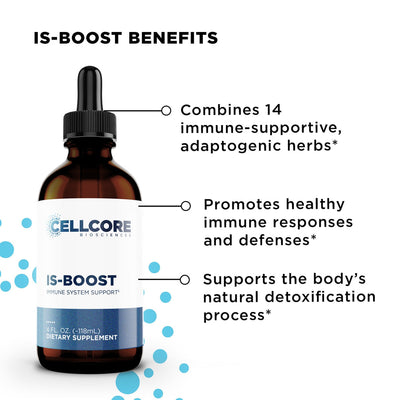 CellCore Biosciences IS-Boost brown glass dropper bottle front label highlighting immune and detox support benefits