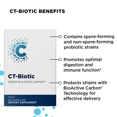 CellCore Biosciences CT-Biotic box front showing digestive and detox support benefits and key probiotic strain features