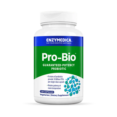 Enzyme Science Pro-Bio 120 Capsules bottle front, green and white probiotic supplement label with blue accents