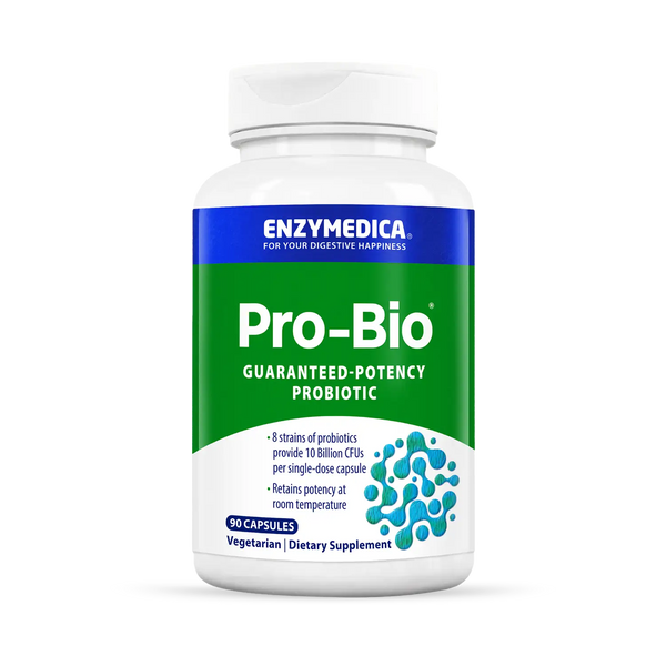 Enzyme Science Pro-Bio 90 Capsules bottle front with green and blue probiotic label and vegetarian dietary supplement text