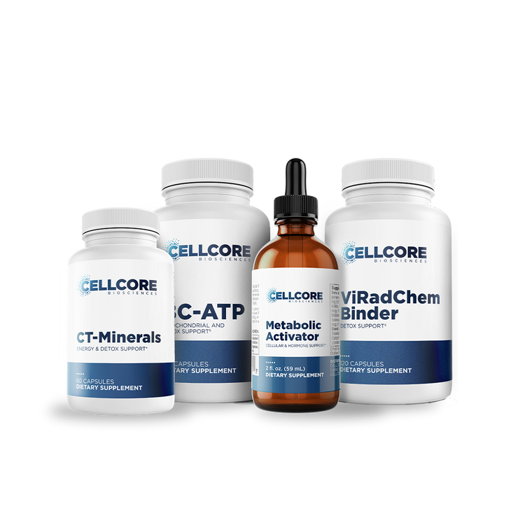 CellCore Biosciences RAD Support Bundle bottles and dropper: CT-Minerals, BC-ATP, Metabolic Activator, ViRadChem Binder