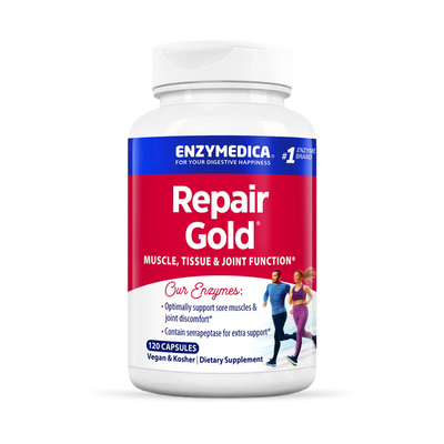 Enzymedica Repair Gold 120 Capsules bottle front, red and blue label for muscle, tissue and joint support