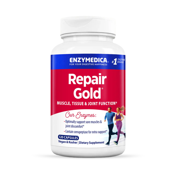 Enzymedica Repair Gold 120 Capsules bottle front, red and blue label for muscle, tissue and joint support