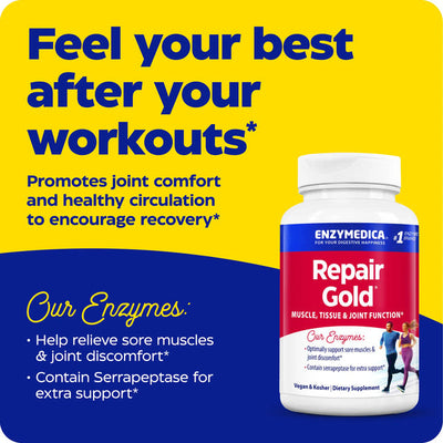 Enzymedica Repair Gold 60 Capsules bottle on yellow and blue background with workout recovery and joint comfort benefit text