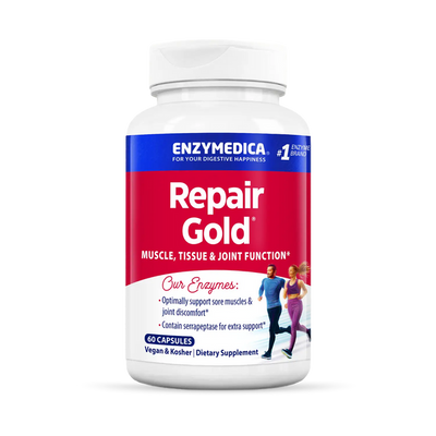 Enzymedica Repair Gold 60 Capsules bottle front, white with red and blue label for muscle, tissue and joint support