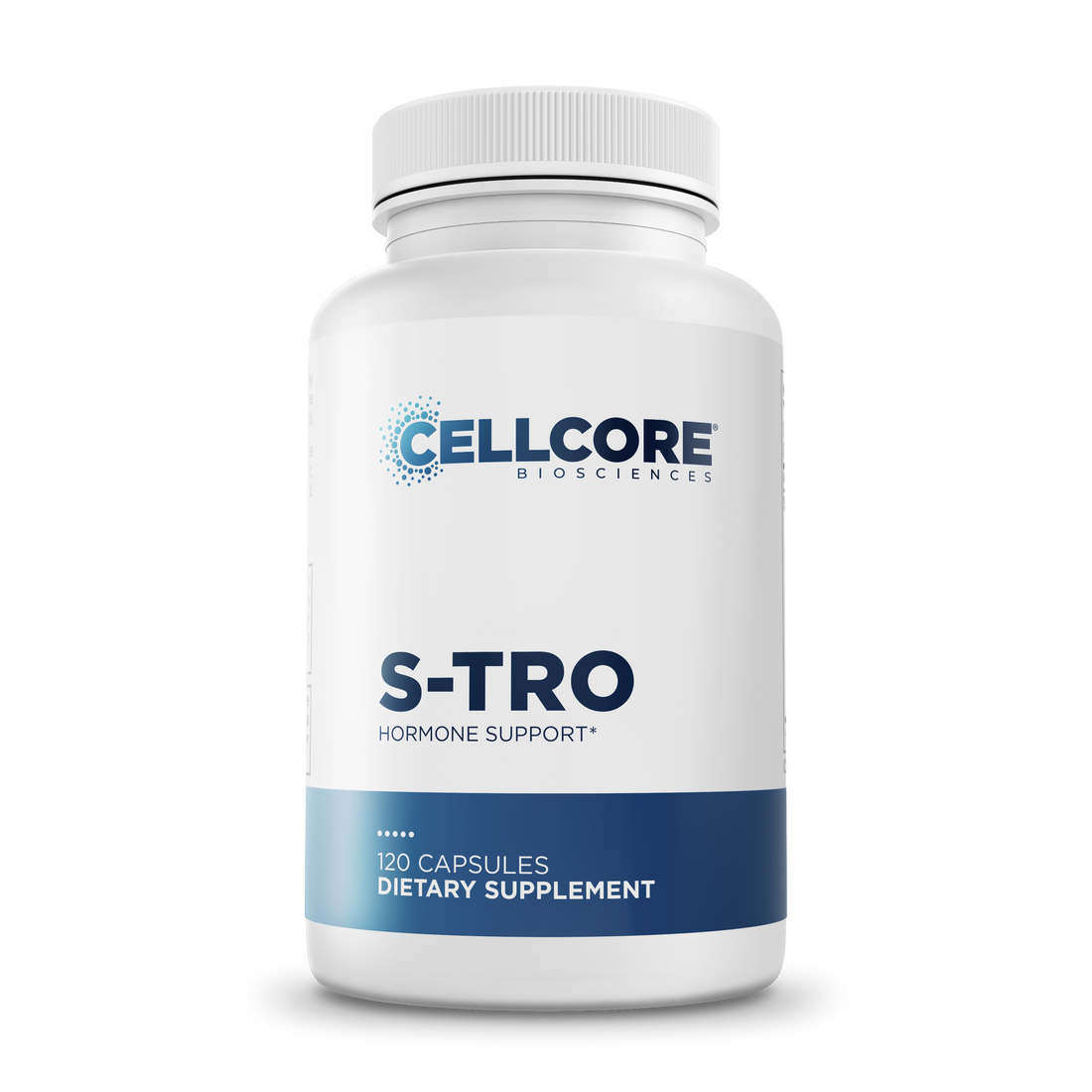 CellCore Biosciences S-TRO Hormone Support 120 capsules bottle, white container with blue label and screw cap shown front-facing