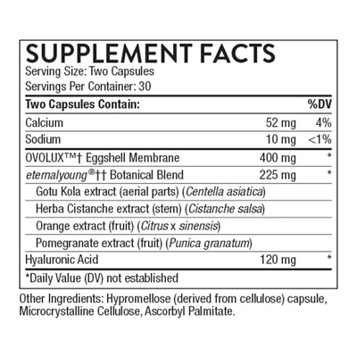 Thorne Radiant Skin Complex 60 Capsules supplement facts panel with calcium, OVOLUX eggshell membrane, botanical blend, hyaluronic acid